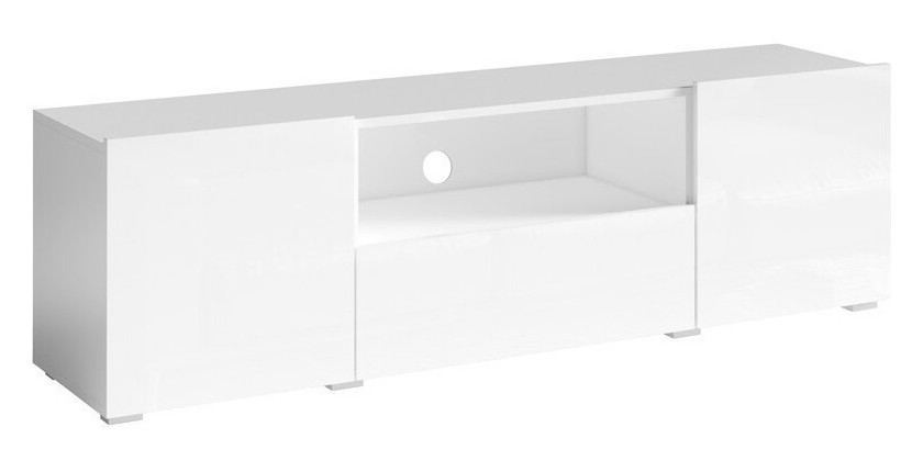 Meuble TV 160cm avec éclairage LED collection PAROS. Couleur blanc brillant.
