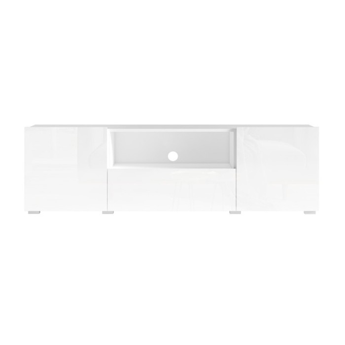Meuble TV 160cm avec éclairage LED collection PAROS. Couleur blanc brillant.