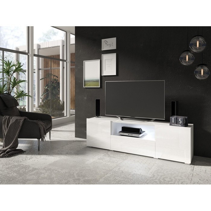 Meuble TV 160cm avec éclairage LED collection PAROS. Couleur blanc brillant.