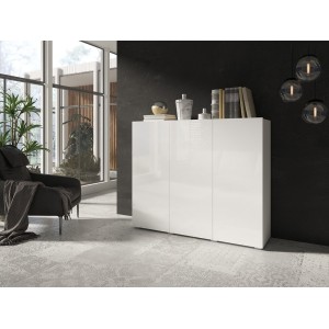 Buffet haut design 135cm avec 3 portes pour salon couleur blanc brillant collection PAROS.