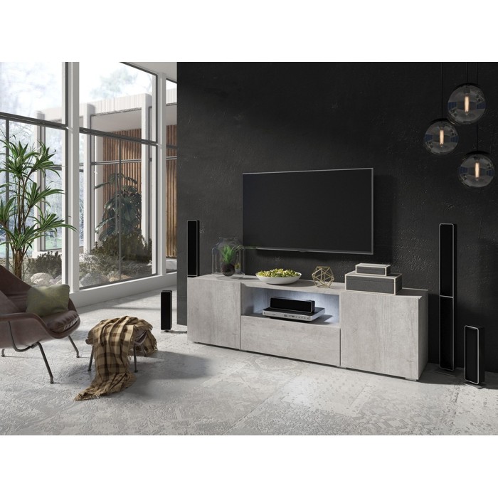 Meuble TV 160cm avec éclairage LED collection PAROS. Couleur gris aspect béton..