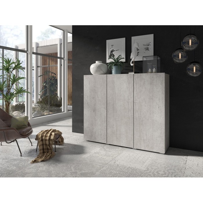 Buffet haut design 135cm avec 3 portes pour salon couleur gris aspect béton collection PAROS.