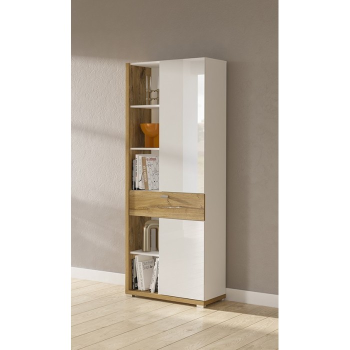 Vitrine haute design avec éclairage LED collection MENDOZA. Coloris chêne et blanc brillant.