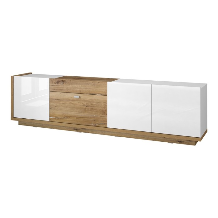 Meuble TV XL 220cm collection MENDOZA coloris chêne et blanc brillant.