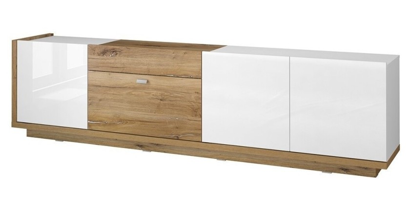 Meuble TV XL 220cm collection MENDOZA coloris chêne et blanc brillant.