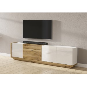 Meuble TV XL 220cm collection MENDOZA coloris chêne et blanc brillant.