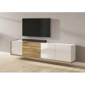 Meuble TV XL 220cm collection MENDOZA coloris chêne et blanc brillant.