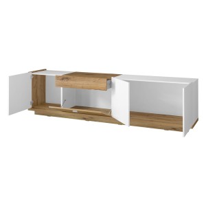 Meuble TV XL 220cm collection MENDOZA coloris chêne et blanc brillant.