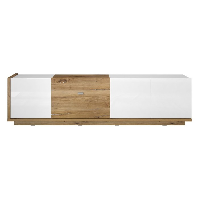 Meuble TV XL 220cm collection MENDOZA coloris chêne et blanc brillant.