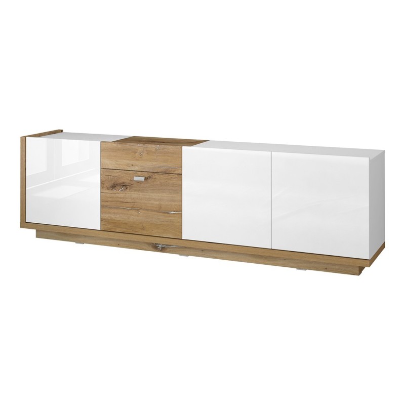 Meuble TV 200cm collection MENDOZA coloris chêne et blanc brillant.