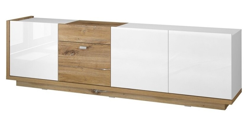 Meuble TV 200cm collection MENDOZA coloris chêne et blanc brillant.