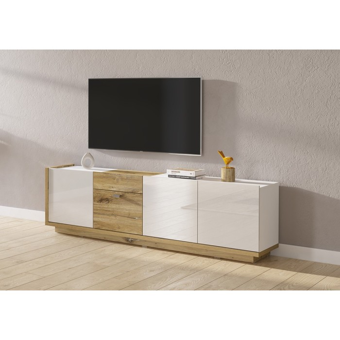 Meuble TV 200cm collection MENDOZA coloris chêne et blanc brillant.