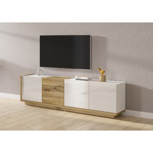 Meuble TV 200cm collection MENDOZA coloris chêne et blanc brillant.