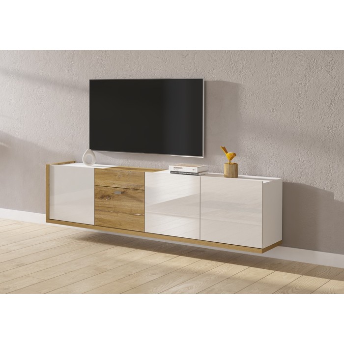 Meuble TV 200cm collection MENDOZA coloris chêne et blanc brillant.
