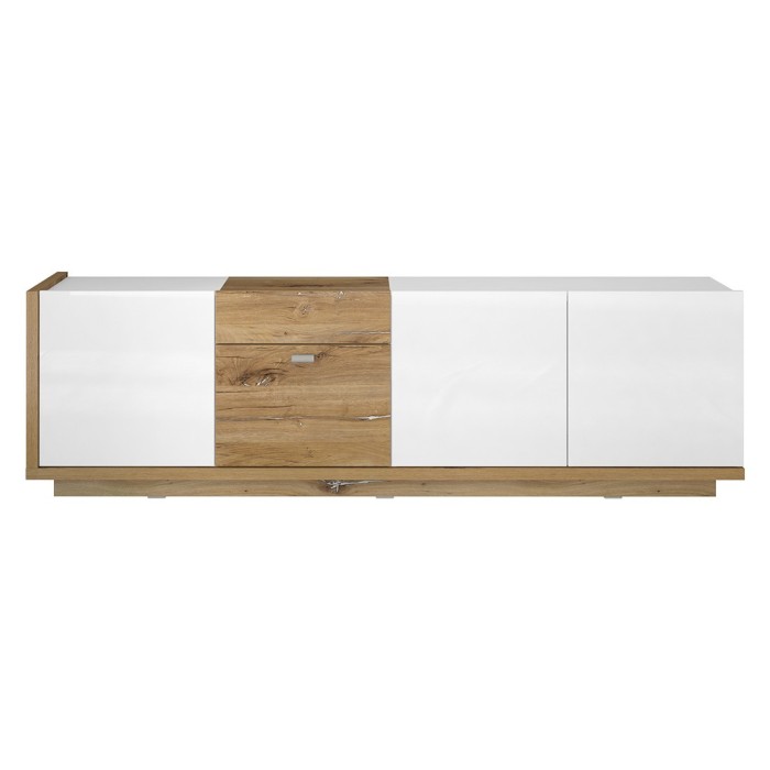 Meuble TV 200cm collection MENDOZA coloris chêne et blanc brillant.