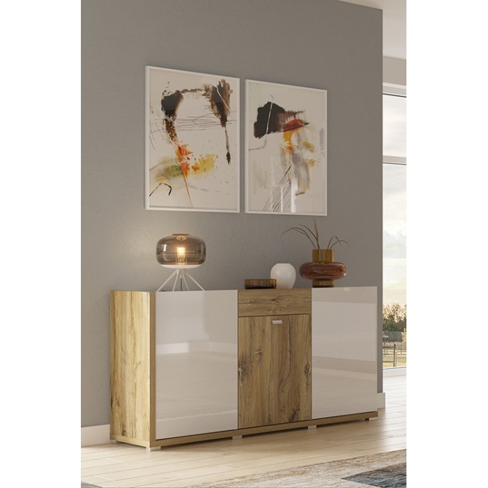 Buffet design 150cm pour salon couleur blanc et chêne collection MENDOZA.