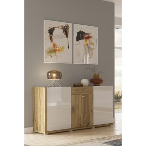 Buffet design 150cm pour salon couleur blanc et chêne collection MENDOZA.
