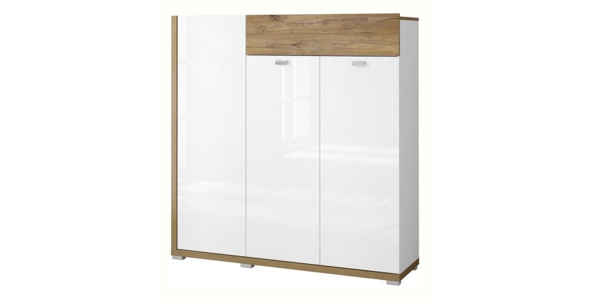 Bahut XL pour salon ou salle à manger couleur chêne et blanc brillant collection MENDOZA.