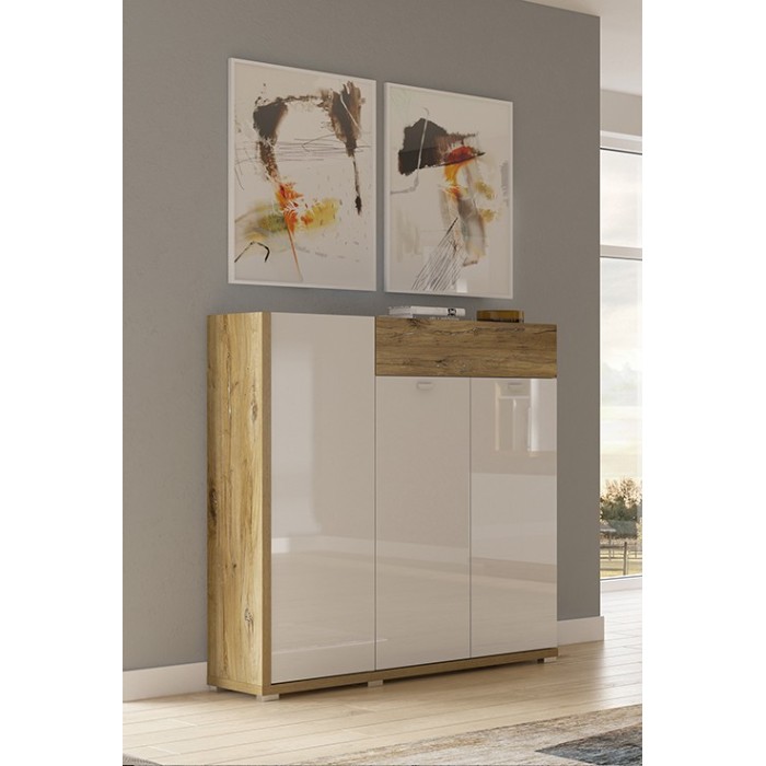 Bahut XL pour salon ou salle à manger couleur chêne et blanc brillant collection MENDOZA.