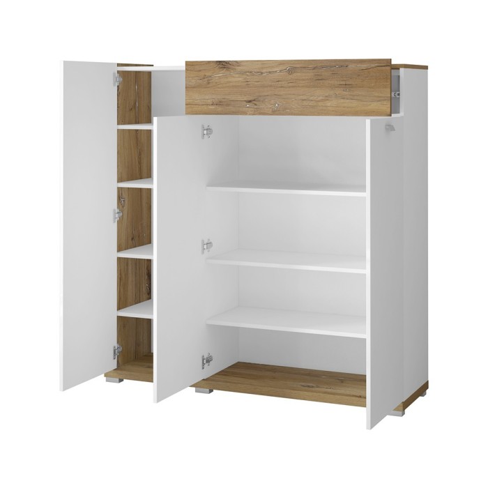 Bahut XL pour salon ou salle à manger couleur chêne et blanc brillant collection MENDOZA.