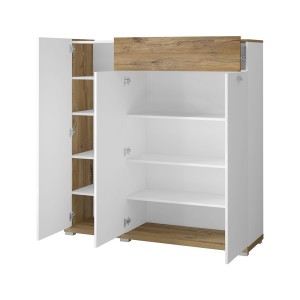 Bahut XL pour salon ou salle à manger couleur chêne et blanc brillant collection MENDOZA.