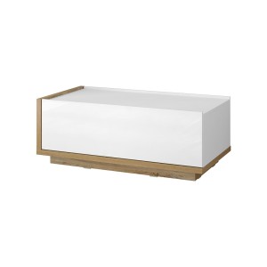 Table basse design avec une porte abattante collection MENDOZA. Couleur chêne et blanc.