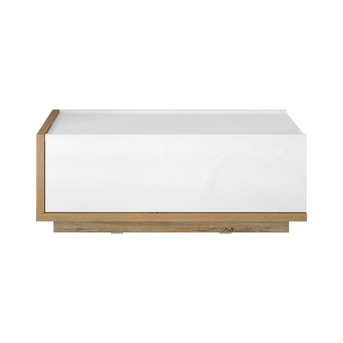 Table basse design avec une porte abattante collection MENDOZA. Couleur chêne et blanc.