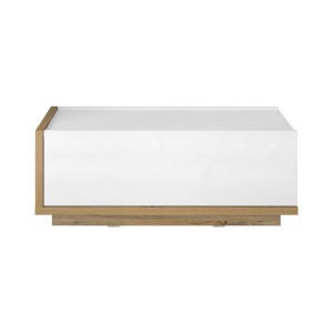 Table basse design avec une porte abattante collection MENDOZA. Couleur chêne et blanc.