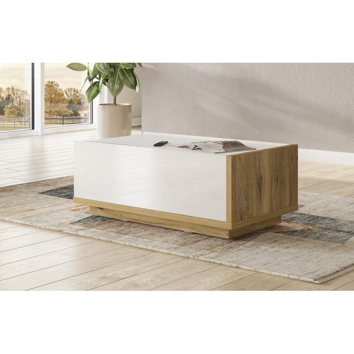 Table basse design avec une porte abattante collection MENDOZA. Couleur chêne et blanc.