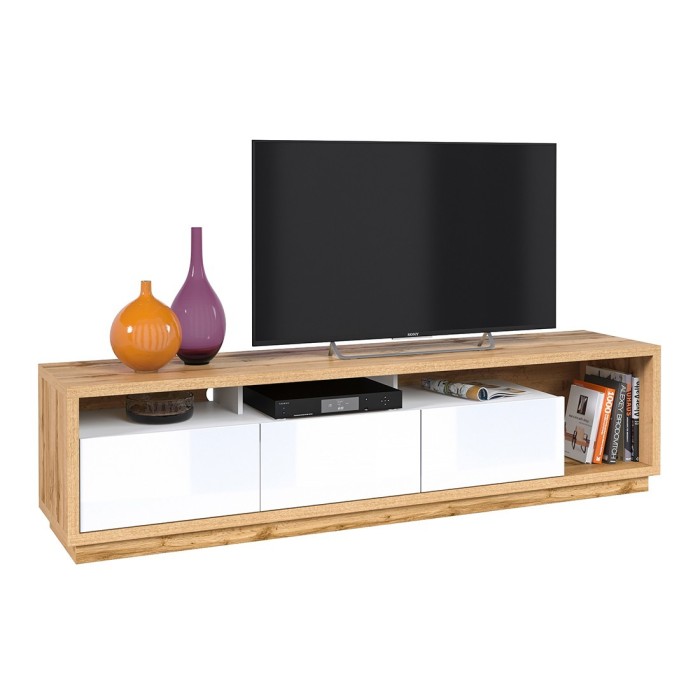 Meuble TV XL 200cm collection CLARA. Couleur chêne et blanc brillant.