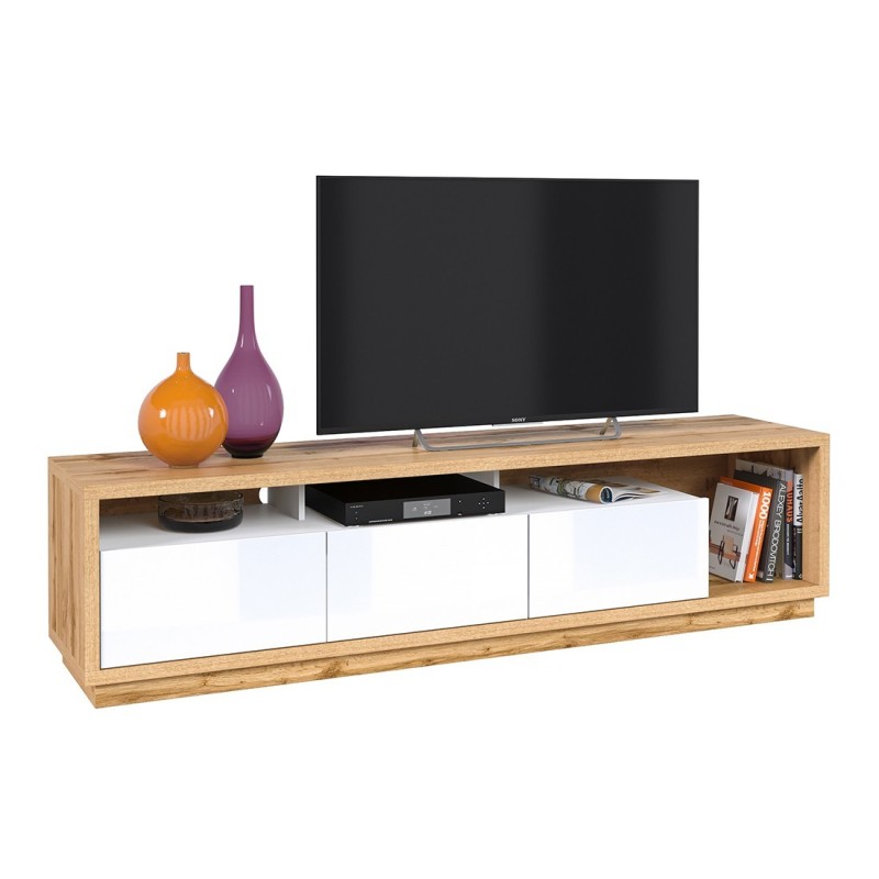 Meuble TV XL 200cm collection CLARA. Couleur chêne et blanc brillant.