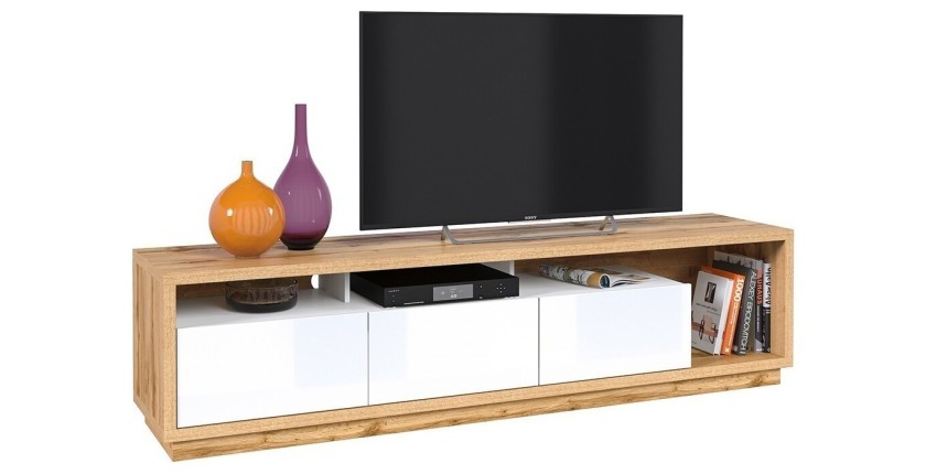 Meuble TV XL 200cm collection CLARA. Couleur chêne et blanc brillant.