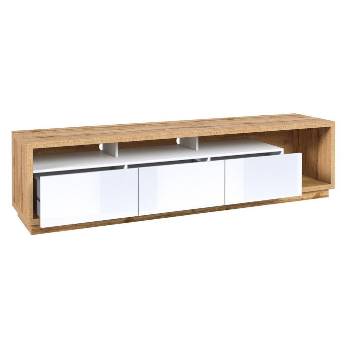 Meuble TV XL 200cm collection CLARA. Couleur chêne et blanc brillant.