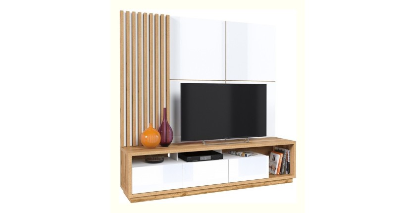 Meuble TV XL avec fond mural décoratif collection CLARA. Couleur chêne et blanc brillant.