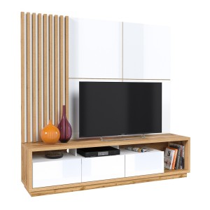 Meuble TV XL avec fond mural décoratif collection CLARA. Couleur chêne et blanc brillant.