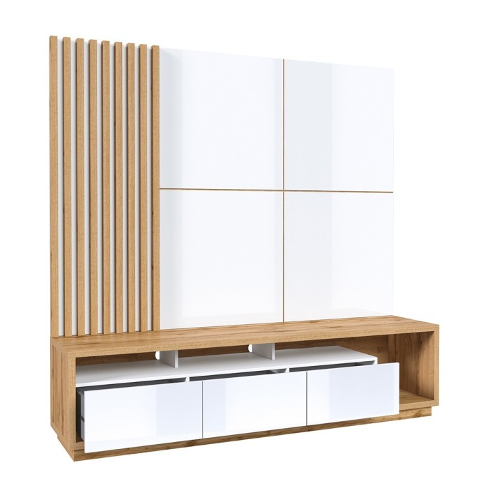 Meuble TV XL avec fond mural décoratif collection CLARA. Couleur chêne et blanc brillant.