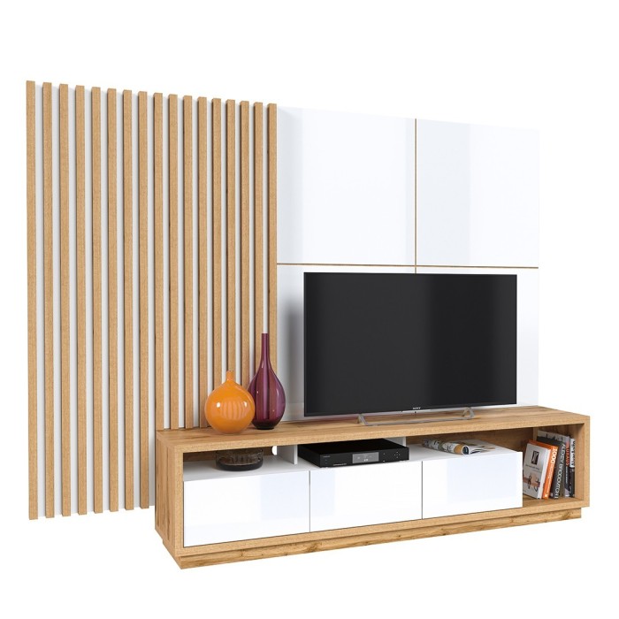 Meuble TV XL avec fond mural décoratif XL collection CLARA. Couleur chêne et blanc brillant.