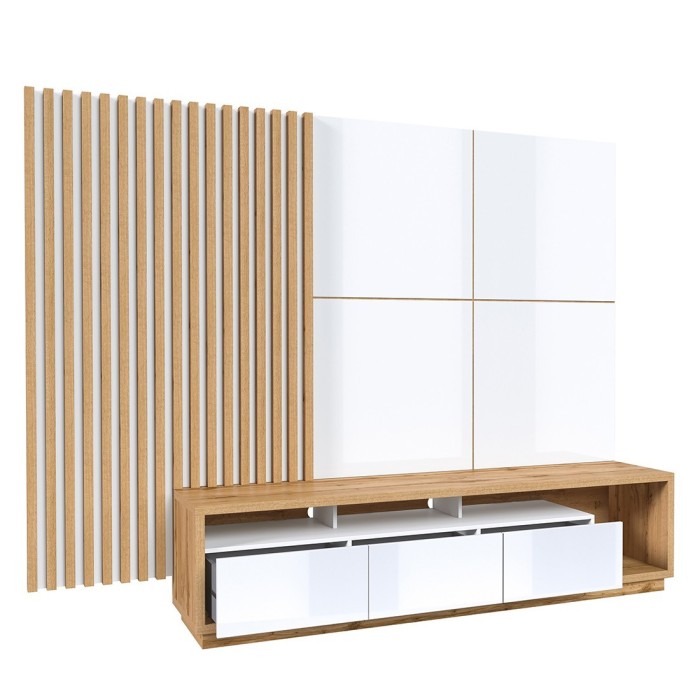 Meuble TV XL avec fond mural décoratif XL collection CLARA. Couleur chêne et blanc brillant.