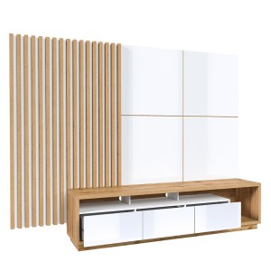 Meuble TV XL avec fond mural décoratif XL collection CLARA. Couleur chêne et blanc brillant.