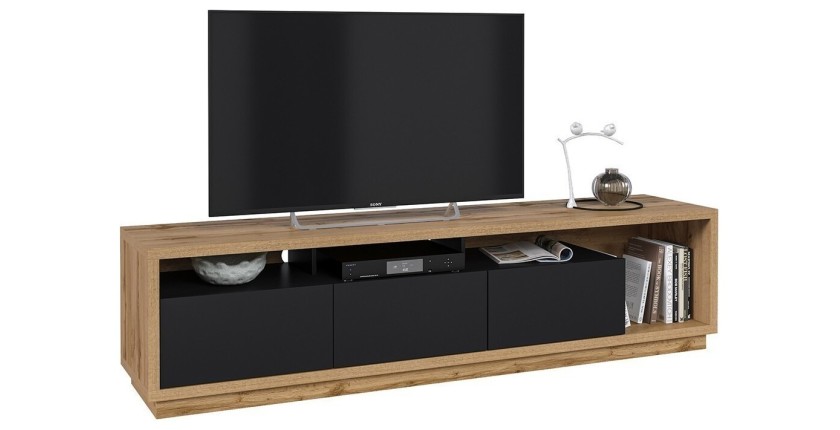 Meuble TV XL 200cm collection CLARA. Couleur chêne et noir mat.