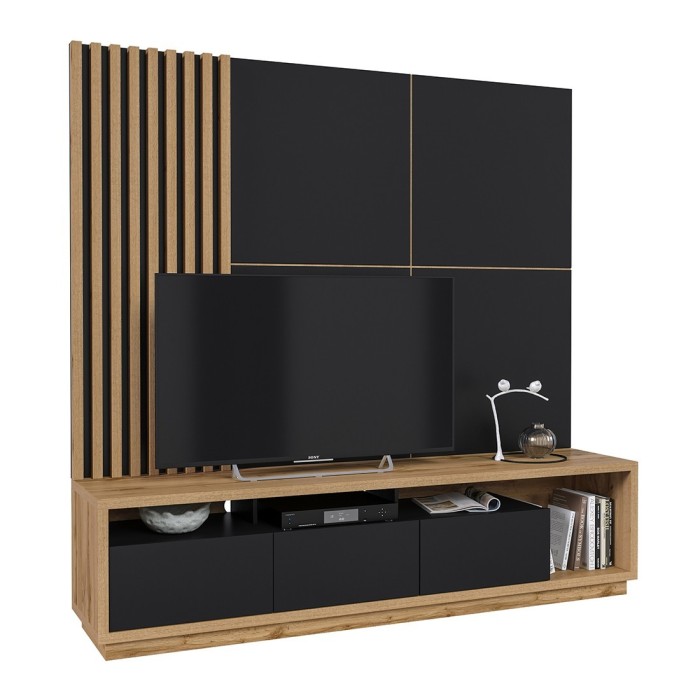 Meuble TV XL avec fond mural décoratif collection CLARA. Couleur chêne et noir mat.