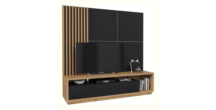 Meuble TV XL avec fond mural décoratif collection CLARA. Couleur chêne et noir mat.