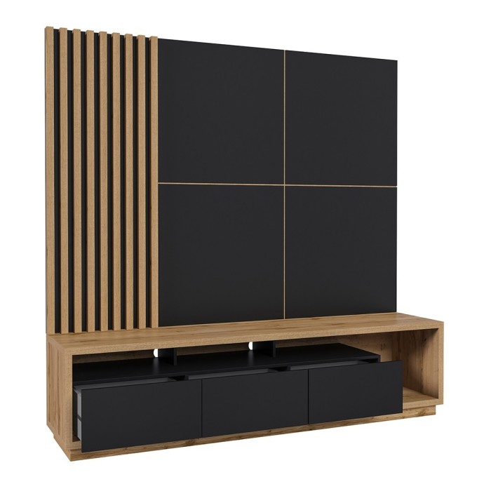 Meuble TV XL avec fond mural décoratif collection CLARA. Couleur chêne et noir mat.