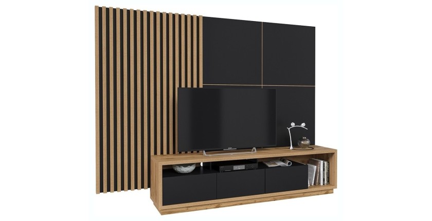 Meuble TV XL avec fond mural décoratif XL collection CLARA. Couleur chêne et noir mat.