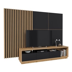 Meuble TV XL avec fond mural décoratif XL collection CLARA. Couleur chêne et noir mat.