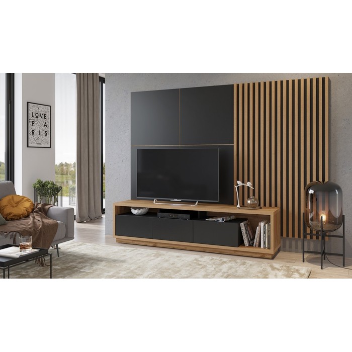 Meuble TV XL avec fond mural décoratif XL collection CLARA. Couleur chêne et noir mat.