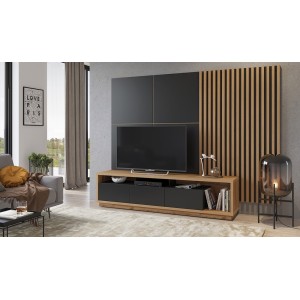 Meuble TV XL avec fond mural décoratif XL collection CLARA. Couleur chêne et noir mat.