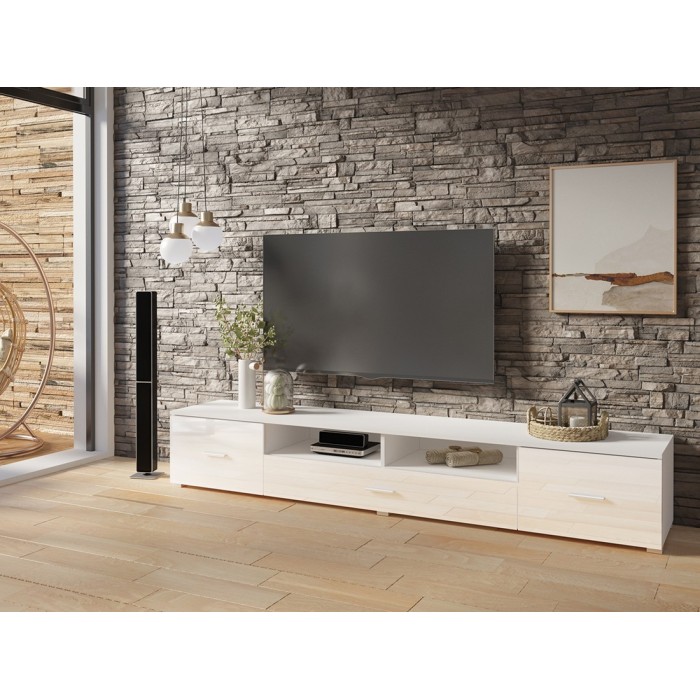 Meuble TV XL 210cm collection CONNOR. Couleur blanc brillant
