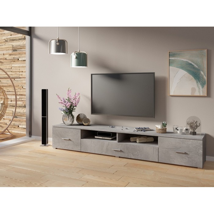 Meuble TV XL 210cm collection CONNOR. Coloris gris effet béton