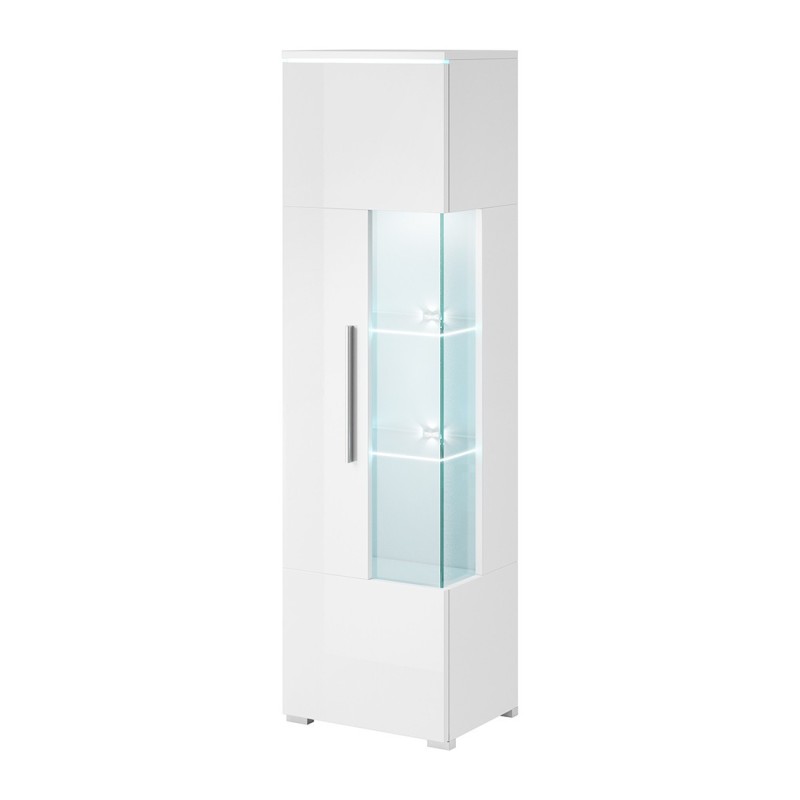 Vitrine haute design avec éclairage LED multicolore collection BOMBAY. Coloris blanc brillant. Ouverture Gauche